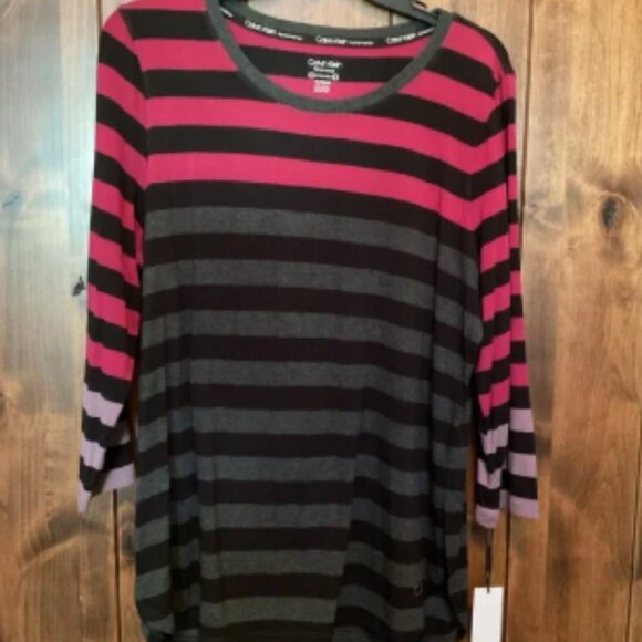 Calvin Klein Performance Long Sleeve Top - Black and Pink Stripes - Picture 1 of 3